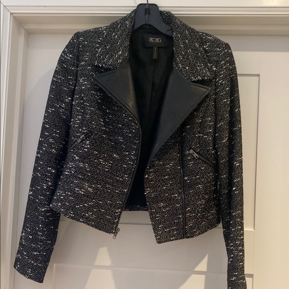 BCBG Black and White Tweed Blazer with Structured Shoulders